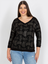 Bluză damă Mărime Mare cu decolteu V și print- Negru