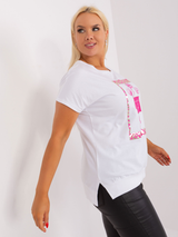 Bluză damă Mărimi Mari asimetrică cu șliț și print- Alb / Roz