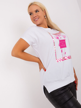 Bluză damă Mărimi Mari asimetrică cu șliț și print- Alb / Roz