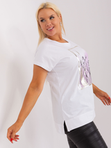 Bluză damă Mărimi Mari asimetrică cu șliț și print floral- Alb / Violet