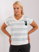 Bluză damă Mărimi Mari cu dungi și aplicație- Ecru / Verde