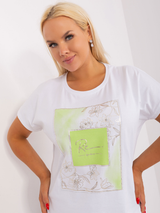 Bluză damă Mărimi Mari cu mânecă scurtă și print- Alb / Verde Fistic