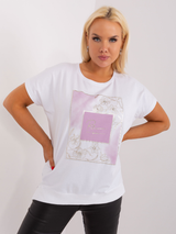 Bluză damă Mărimi Mari cu mânecă scurtă și print- Alb / Violet