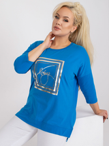 Bluză damă Mărimi Mari cu print și terminație asimetrică- Albastru
