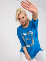 Bluză damă Mărimi Mari cu print și terminație asimetrică- Albastru