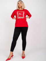 Bluză damă Mărimi Mari cu print și terminație asimetrică- Roșu