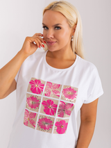 Bluză damă Mărimi Mari cu print panouri cu flori- Alb / Fucsia