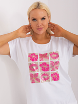 Bluză damă Mărimi Mari cu print panouri cu flori- Alb / Fucsia