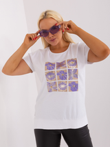 Bluză damă Mărimi Mari cu print panouri cu flori- Alb / Violet