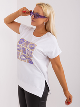 Bluză damă Mărimi Mari cu print panouri cu flori- Alb / Violet