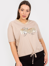 Bluză damă Mărimi Mari imprimată cu guler V și șnur- Bej