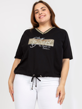 Bluză damă Mărimi Mari imprimată cu guler V și șnur- Negru