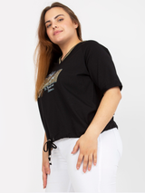 Bluză damă Mărimi Mari imprimată cu guler V și șnur- Negru