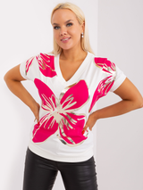Bluză damă Plus Size cu imprimeu floral mare- Ecru / Fucsia