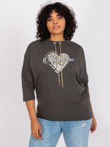 Bluză damă Plus Size cu print inimă aurie- Maro