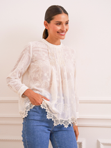 Bluză damă Plus Size elegantă cu broderie și dantelă- Ecru