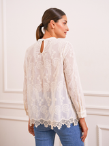 Bluză damă Plus Size elegantă cu broderie și dantelă- Ecru