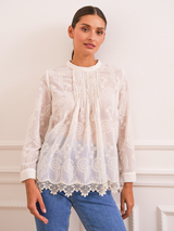 Bluză damă Plus Size elegantă cu broderie și dantelă- Ecru