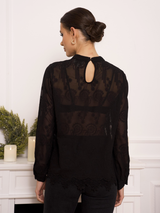 Bluză damă Plus Size elegantă cu broderie și dantelă- Negru