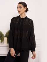 Bluză damă Plus Size elegantă cu broderie și dantelă- Negru