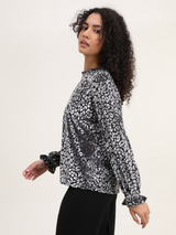 Bluză damă Plus Size elegantă din catifea devore cu model- Gri argintiu