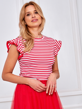 Bluză damă cu dungi și volănaș la mâneci- Roșu / Alb