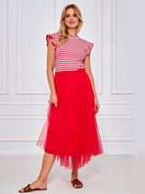 Bluză damă cu dungi și volănaș la mâneci- Roșu / Alb