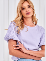 Bluză damă cu mâneci din dantelă ajur- Violet Deschis
