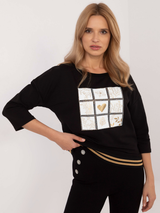 Bluză damă cu print și bandă elastică- Negru