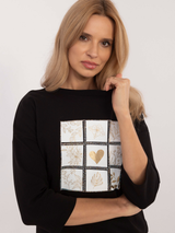 Bluză damă cu print și bandă elastică- Negru