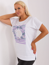 Bluză femei Plus Size asimetrică imprimată cu mânecă scurtă- Alb / Violet