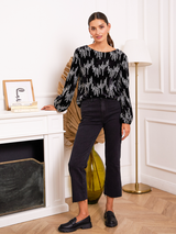 Bluză femei elegantă din catifea brodată- Negru/ Alb