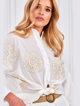 Cămașă damă din bumbac cu broderie florală aurie- Ecru