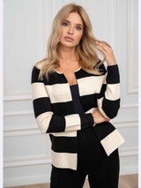 Cardigan damă cu dungi- Negru/ Crem