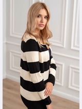 Cardigan damă cu dungi- Negru/ Crem