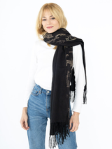 Eșarfă cu print auriu și franjuri 90*180- Negru imprimat