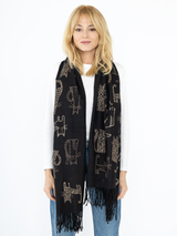 Eșarfă cu print auriu și franjuri 90*180- Negru imprimat