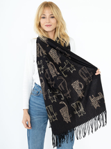 Eșarfă cu print auriu și franjuri 90*180- Negru imprimat
