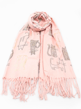Eșarfă cu print auriu și franjuri 90*180- Roz imprimat