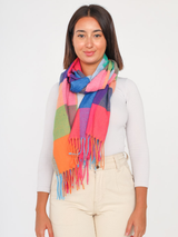 Fular damă în carouri cu franjuri 90*180- Fucsia multicolor