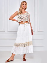 Fustă damă elegantă din dantelă ajur și croșetată și curea- Alb ivoire/ Bej