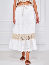 Fustă damă elegantă din dantelă ajur și croșetată și curea- Alb ivoire/ Bej