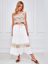 Fustă damă elegantă din dantelă ajur și croșetată și curea- Alb ivoire/ Bej