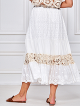 Fustă damă elegantă din dantelă ajur și croșetată și curea- Alb ivoire/ Bej