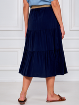 Fustă damă midi cu volane și centură- Bleumarin