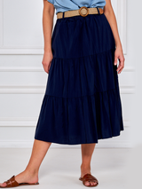 Fustă damă midi cu volane și centură- Bleumarin