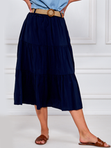 Fustă damă midi cu volane și centură- Bleumarin