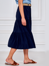Fustă damă midi cu volane și centură- Bleumarin