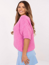 Pulover damă Plus Size cu decolteu V și mânecă scurtă- Roz