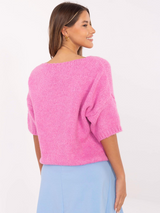 Pulover damă Plus Size cu decolteu V și mânecă scurtă- Roz